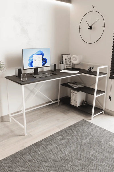 Kitaplıklı L Çalışma Masası 150x55 cm L Masa | Bilgisayar Masası & Ofis Masası | Siyah - Beyaz Ayak