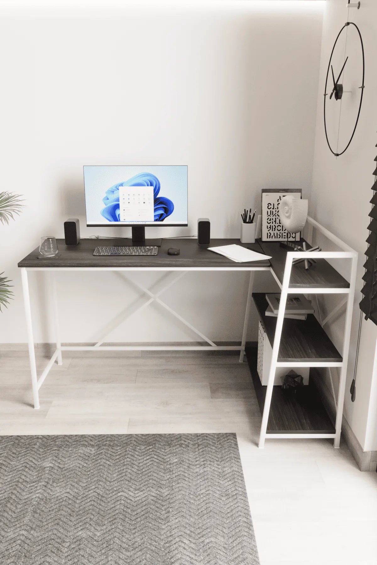 Kitaplıklı L Çalışma Masası 150x55 cm L Masa | Bilgisayar Masası & Ofis Masası | Siyah - Beyaz Ayak