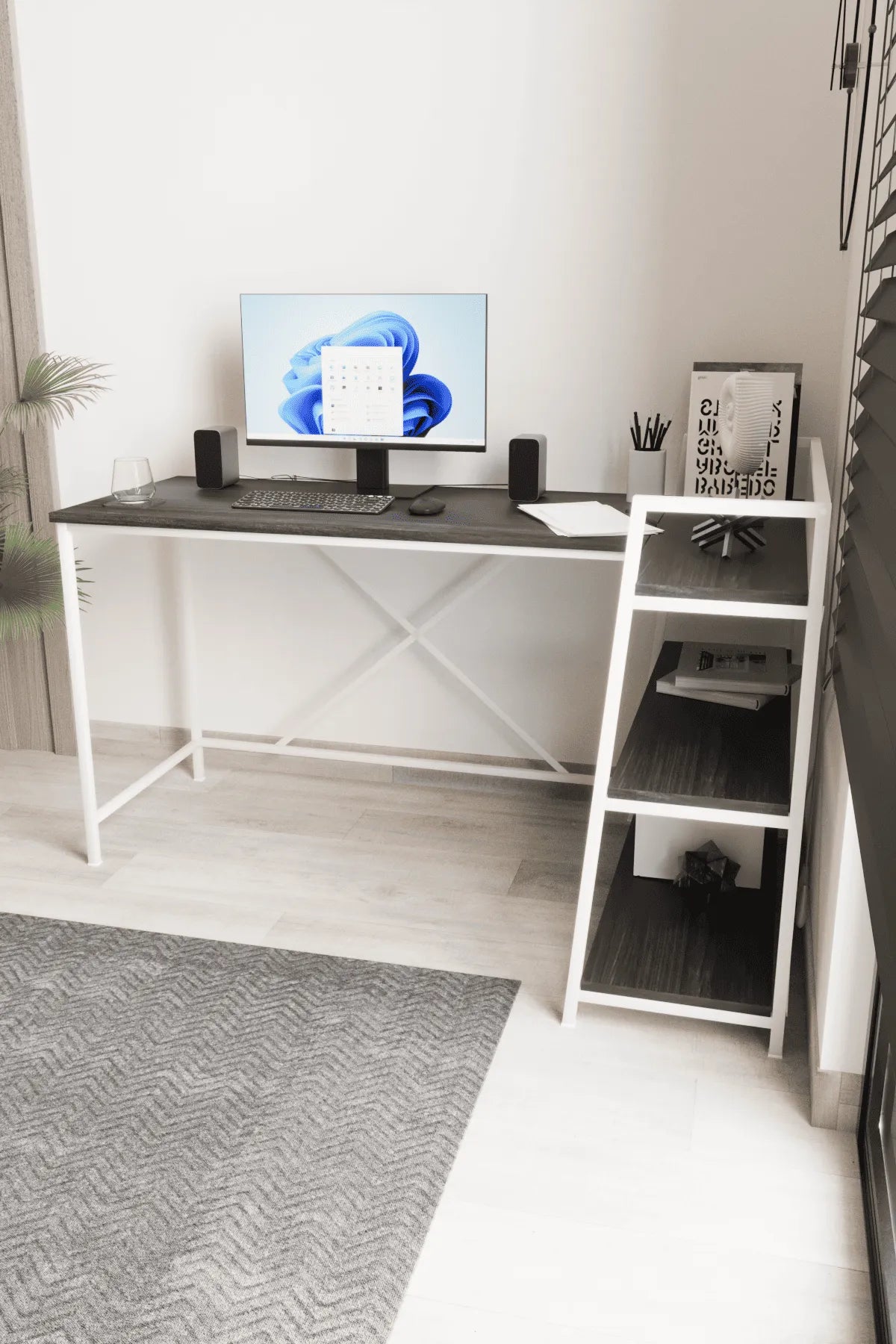 Kitaplıklı L Çalışma Masası 150x55 cm L Masa | Bilgisayar Masası &amp; Ofis Masası | Siyah - Beyaz Ayak