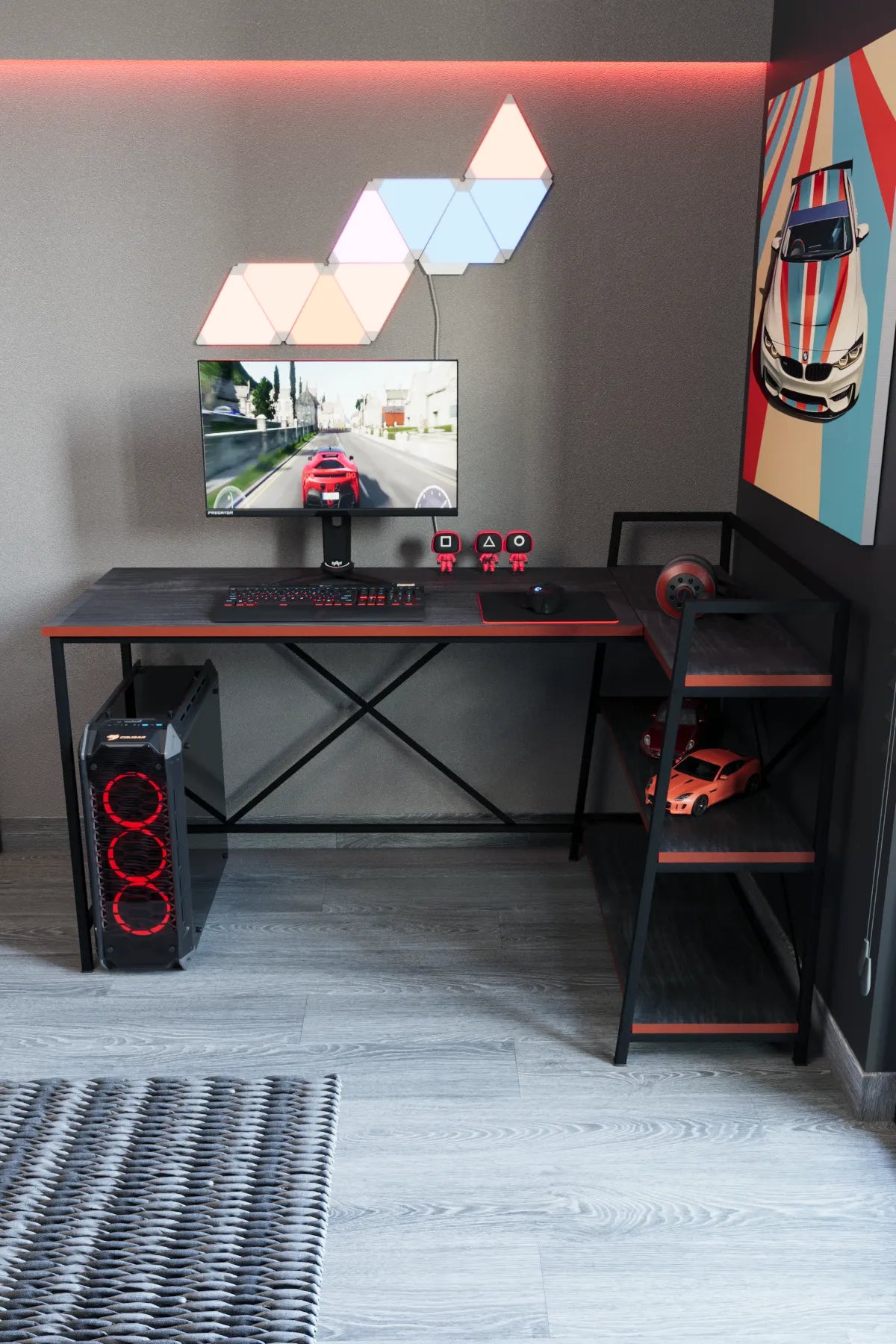 Oyuncu Masası 150x55 cm L Masa | Çalışma Masası & Bilgisayar Masası | Siyah - Kırmızı