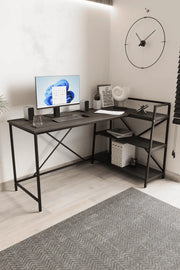 Kitaplıklı L Çalışma Masası 150x55 cm L Masa | Bilgisayar Masası & Ofis Masası | Siyah - Siyah Ayak