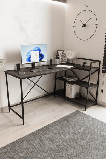 Kitaplıklı L Çalışma Masası 150x55 cm L Masa | Bilgisayar Masası & Ofis Masası | Siyah - Siyah Ayak