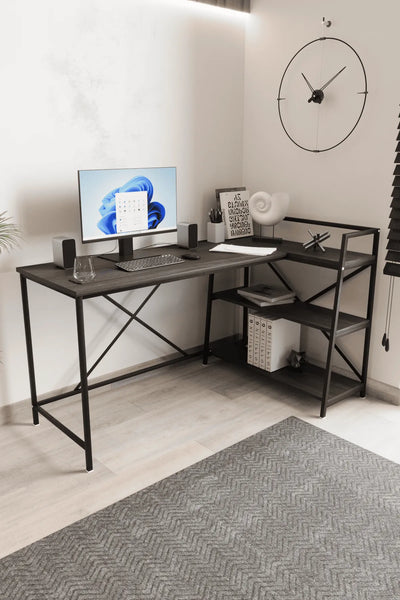 Kitaplıklı L Çalışma Masası 150x55 cm L Masa | Bilgisayar Masası & Ofis Masası | Siyah - Siyah Ayak