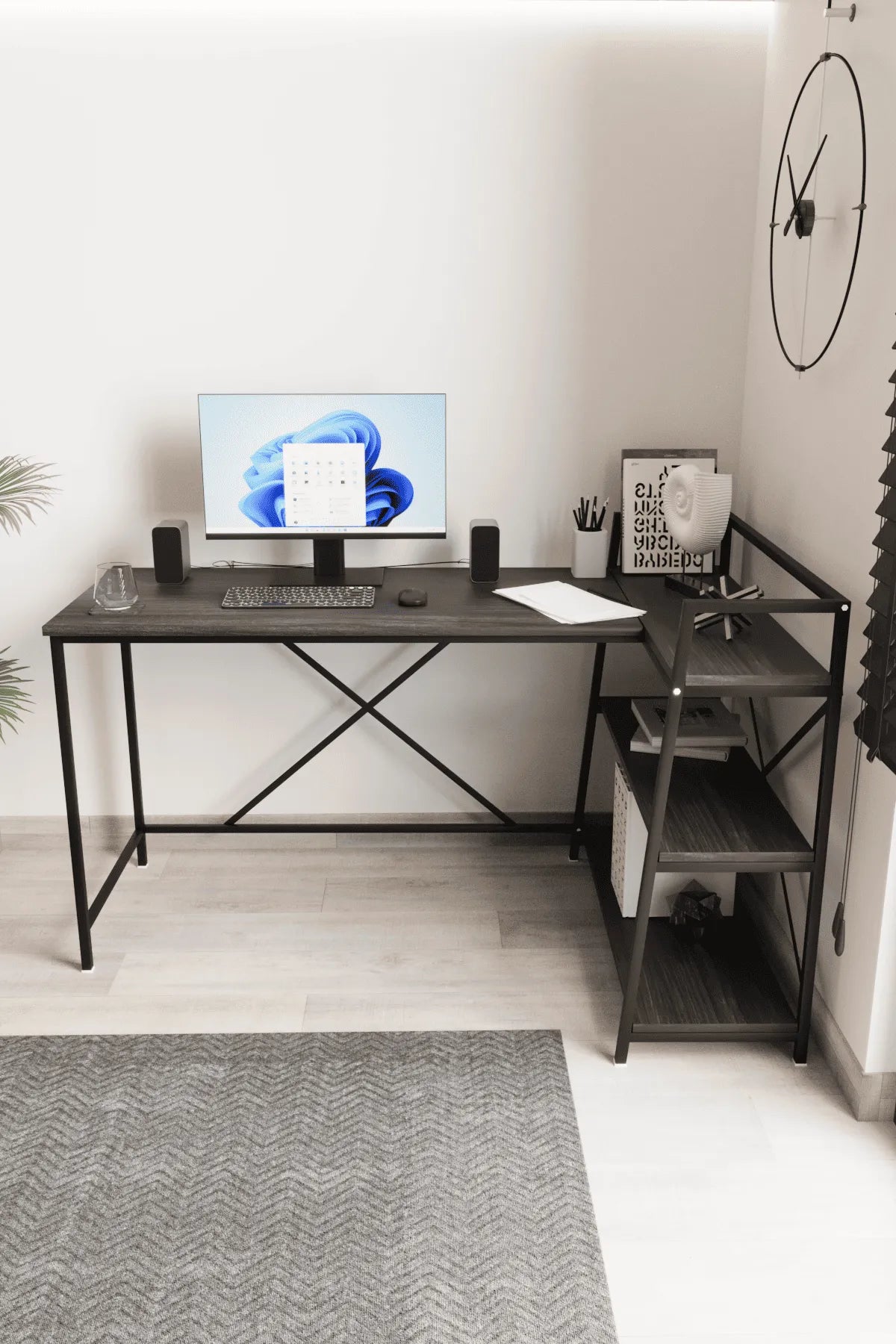 Kitaplıklı L Çalışma Masası 150x55 cm L Masa | Bilgisayar Masası & Ofis Masası | Siyah - Siyah Ayak