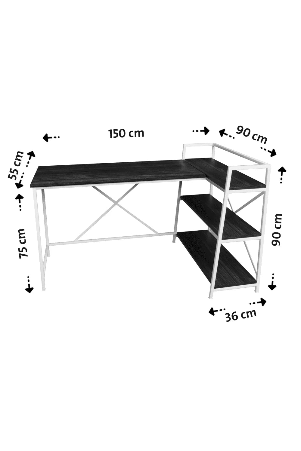 Kitaplıklı L Çalışma Masası 150x55 cm L Masa | Bilgisayar Masası & Ofis Masası | Siyah - Siyah Ayak