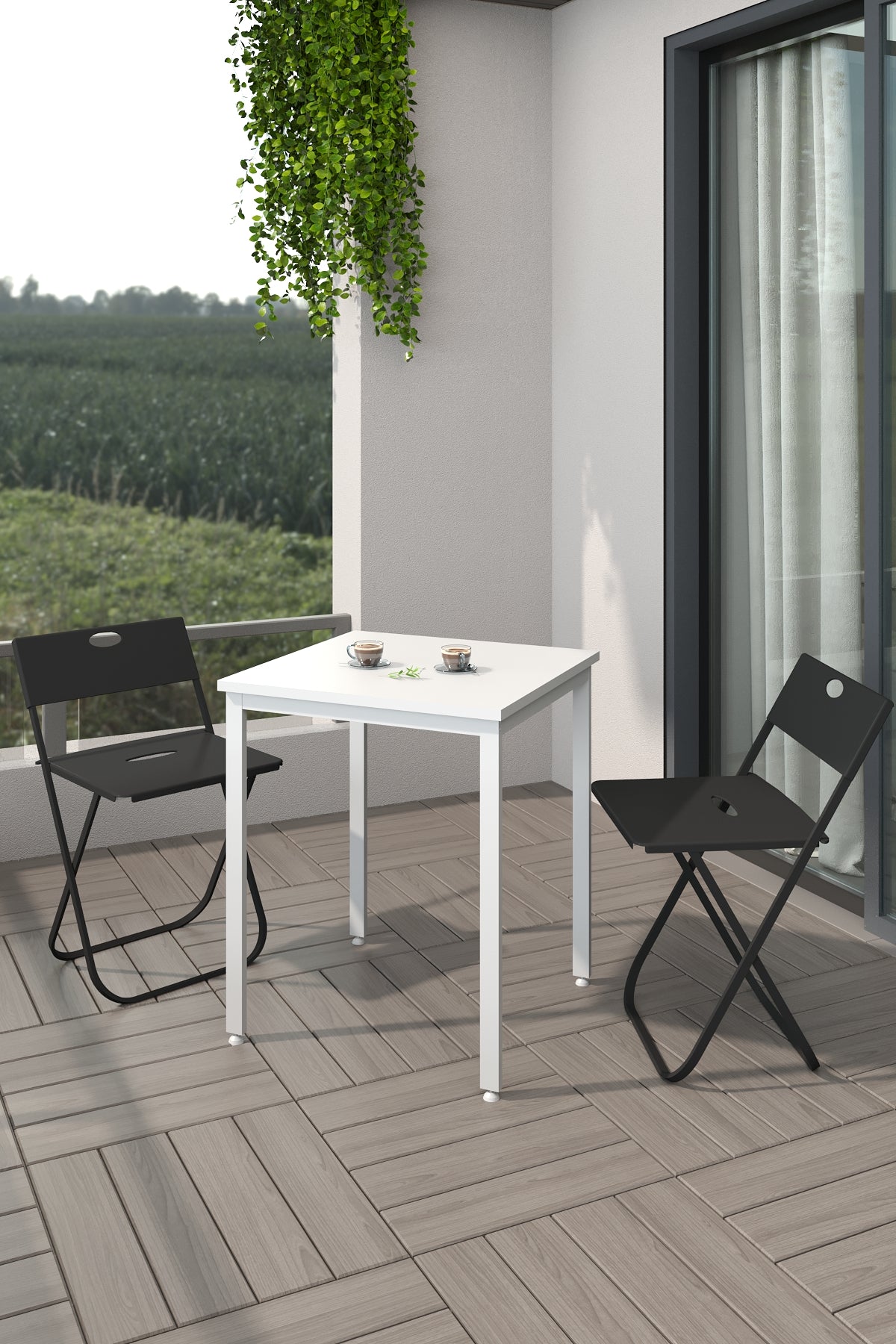 Flinder Balkon Bahçe 3’lü Bistro Set | 1 Masa + 2 Katlanır Sandalye – Beyaz