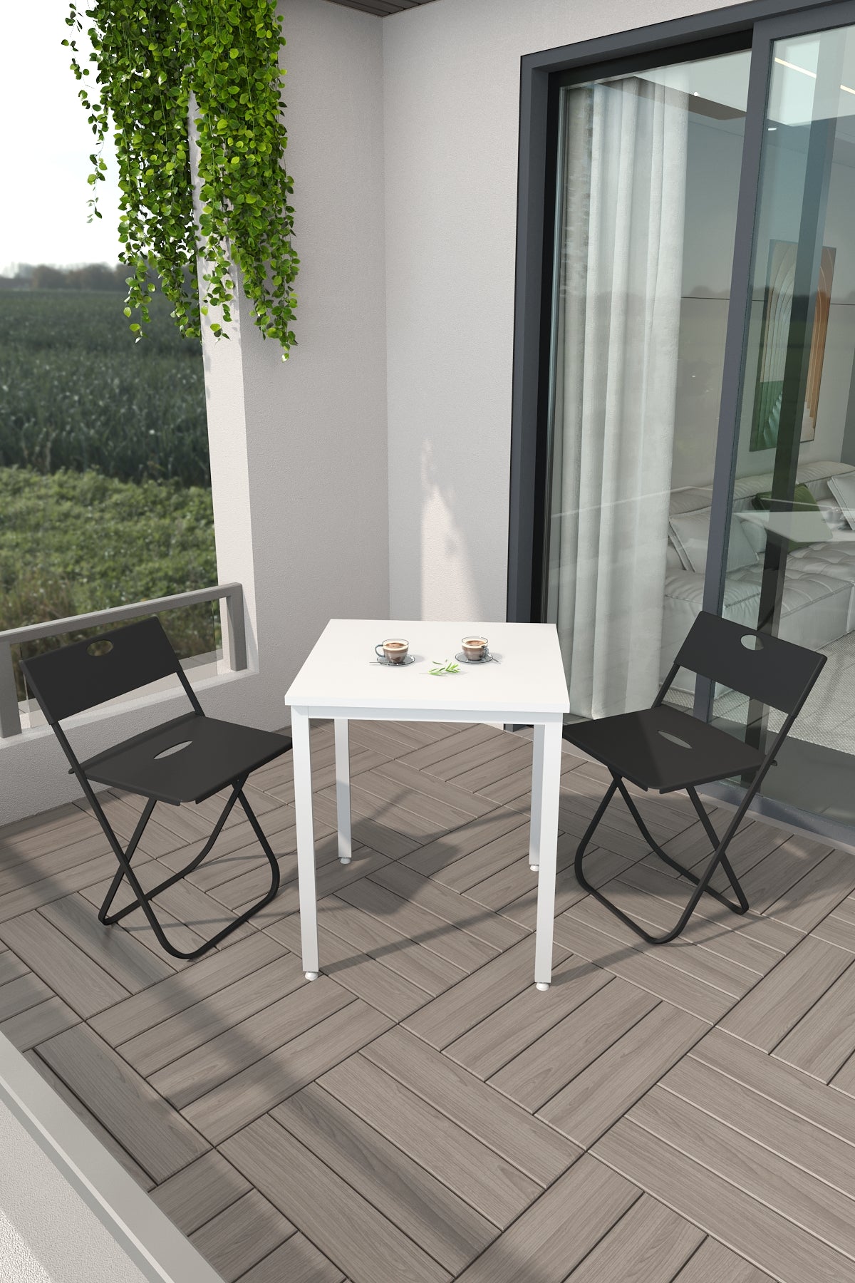 Flinder Balkon Bahçe 3’lü Bistro Set | 1 Masa + 2 Katlanır Sandalye – Beyaz