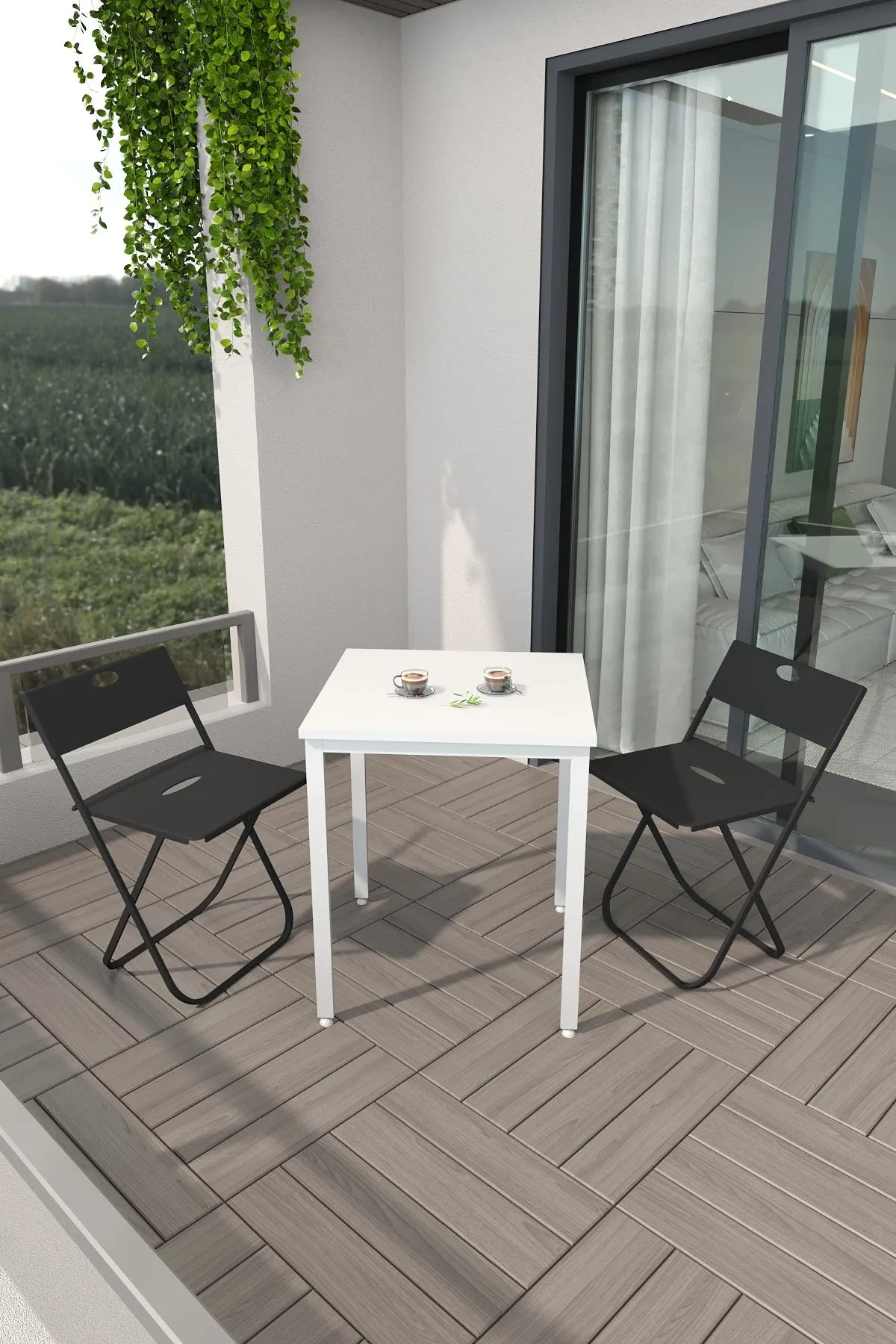 Balkon Bahçe 3'lü Bistro Seti | 1 Masa + 2 Katlanır Sandalye – Beyaz