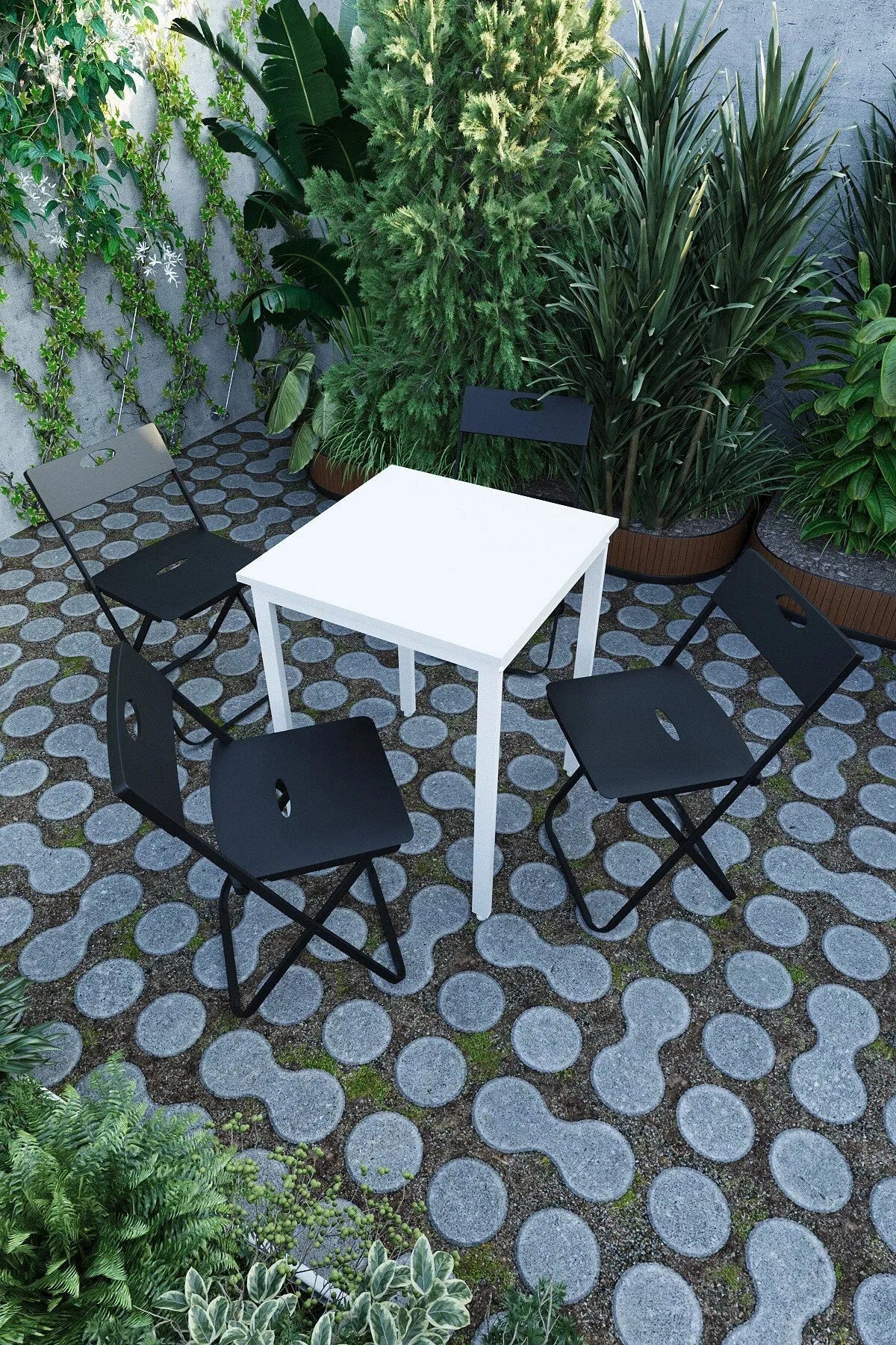 Balkon Bahçe 5'li Bistro Seti | 1 Masa + 4 Katlanır Sandalye – Beyaz