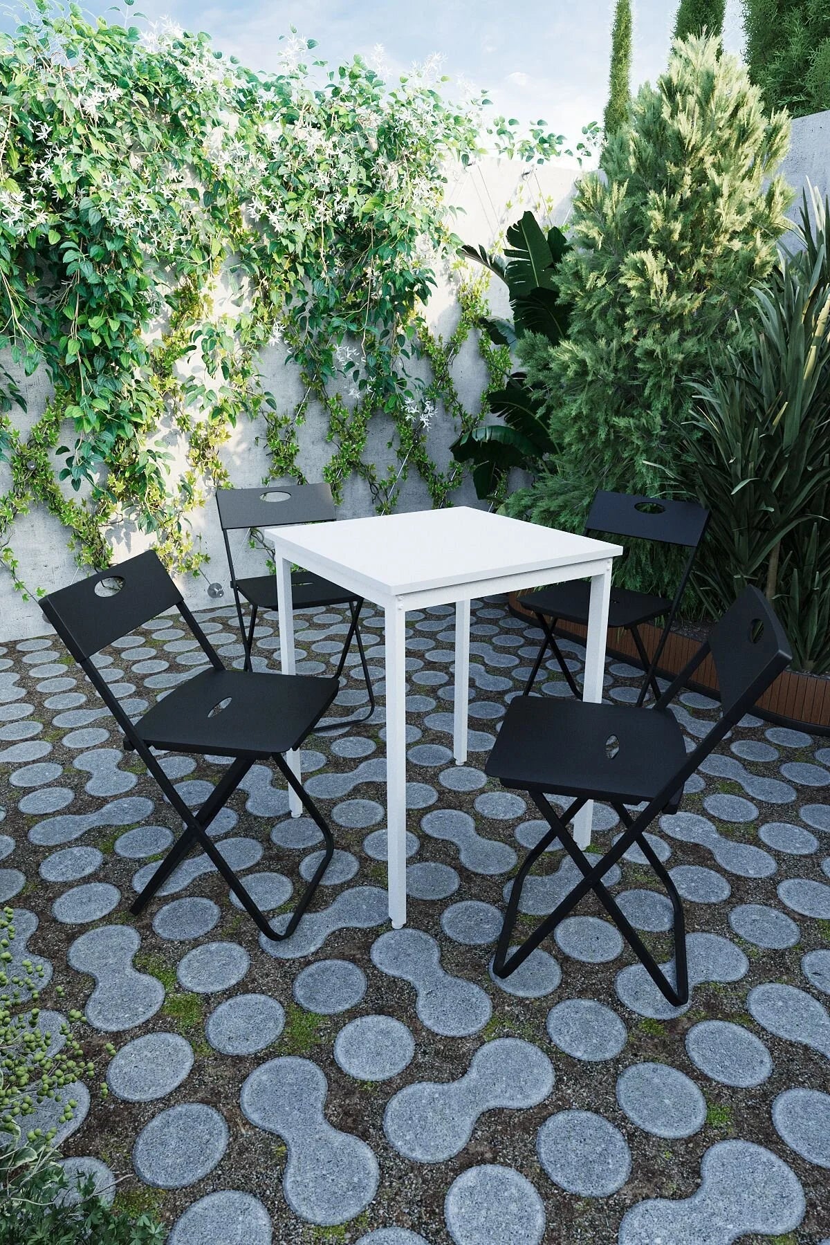 Flinder Balkon Bahçe 5’li Bistro Set | 1 Masa + 4 Katlanır Sandalye – Beyaz