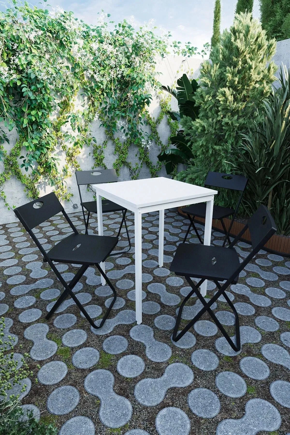 Balkon Bahçe 5'li Bistro Seti | 1 Masa + 4 Katlanır Sandalye – Beyaz