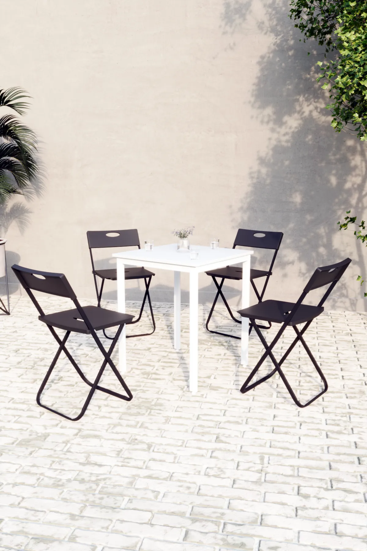 Balkon Bahçe 5’li Bistro Set | 1 Masa + 4 Katlanır Sandalye – Beyaz