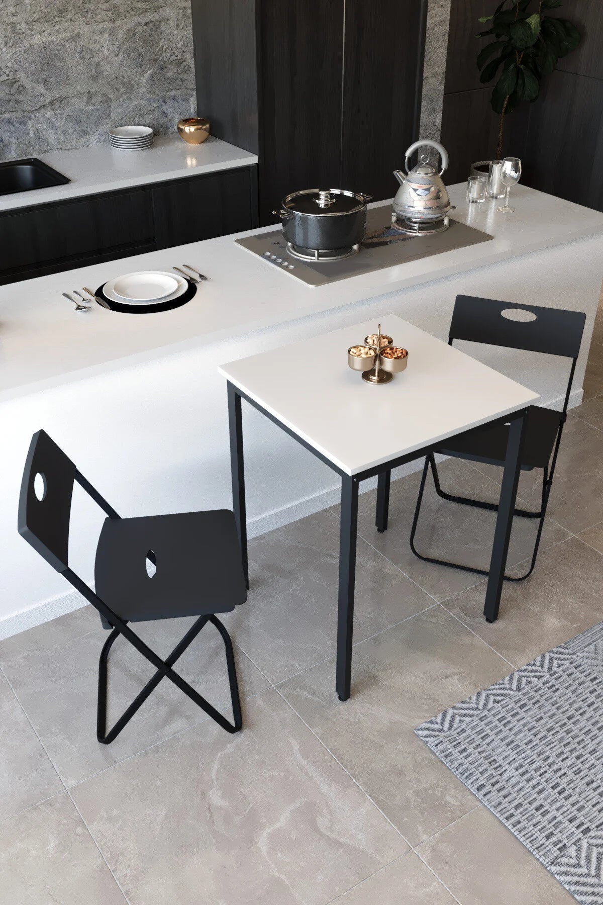Flinder Balkon Bahçe 3’lü Bistro Set | 1 Masa + 2 Katlanır Sandalye – Beyaz - Siyah Ayak