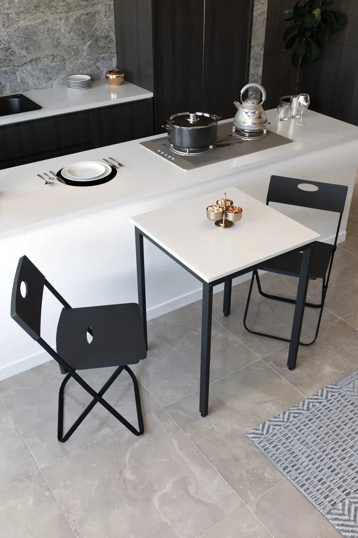 Balkon Bahçe 3’lü Bistro Set | 1 Masa + 2 Katlanır Sandalye – Beyaz - Siyah Ayak