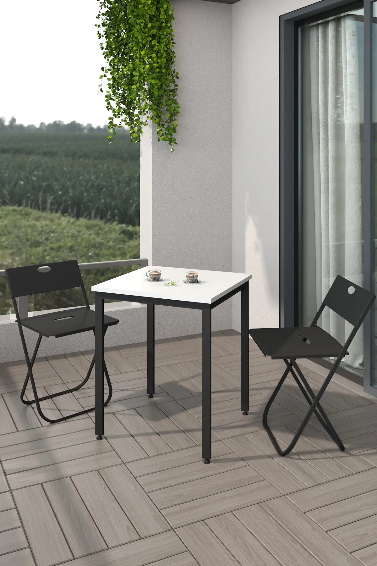 Balkon Bahçe 3'lü Bistro Seti | 1 Masa + 2 Katlanır Sandalye – Beyaz - Siyah Ayak