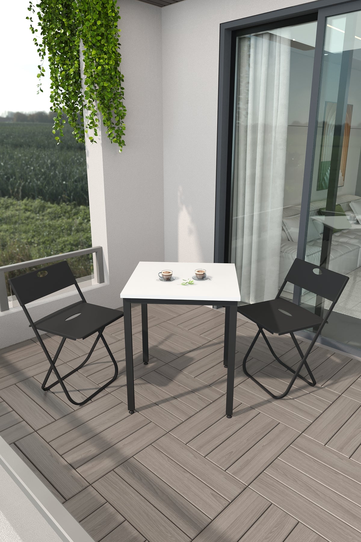 Flinder Balkon Bahçe 3’lü Bistro Set | 1 Masa + 2 Katlanır Sandalye – Beyaz - Siyah Ayak