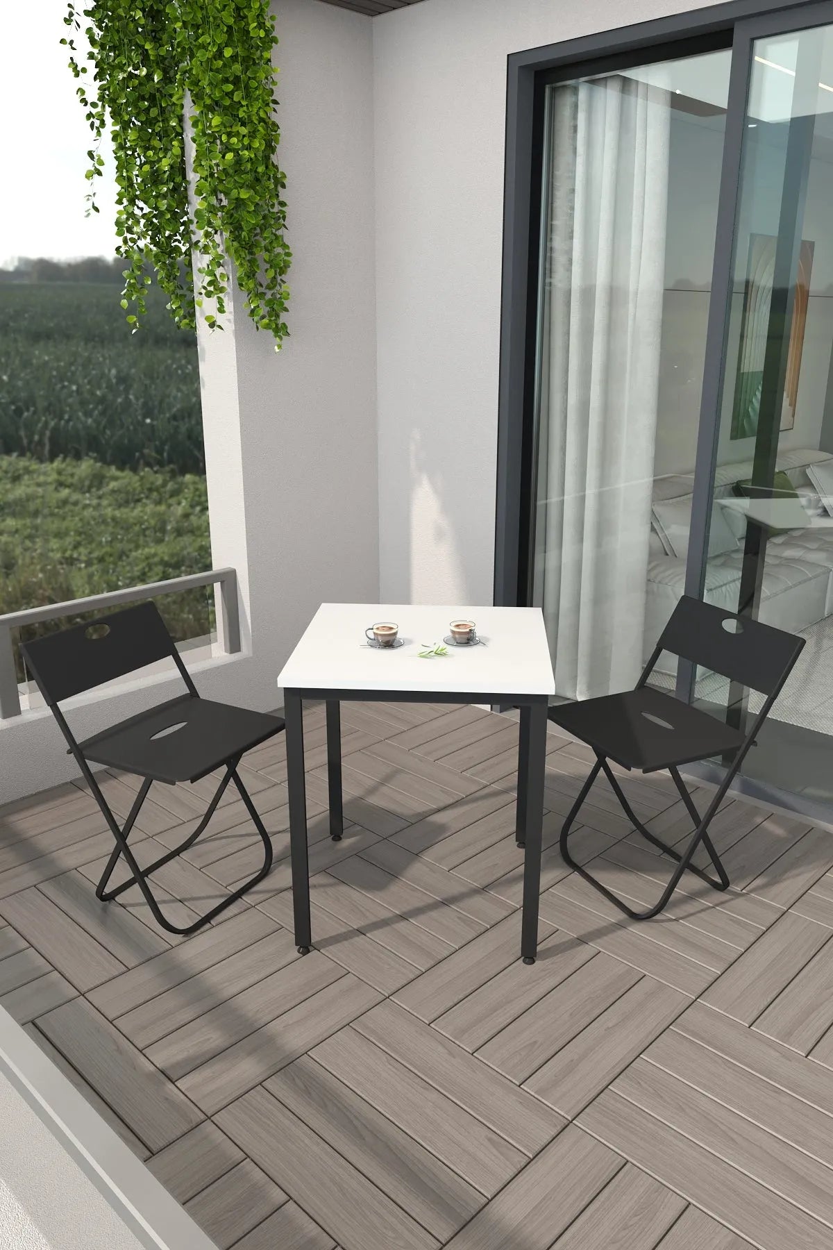 Balkon Bahçe 3'lü Bistro Seti | 1 Masa + 2 Katlanır Sandalye – Beyaz - Siyah Ayak