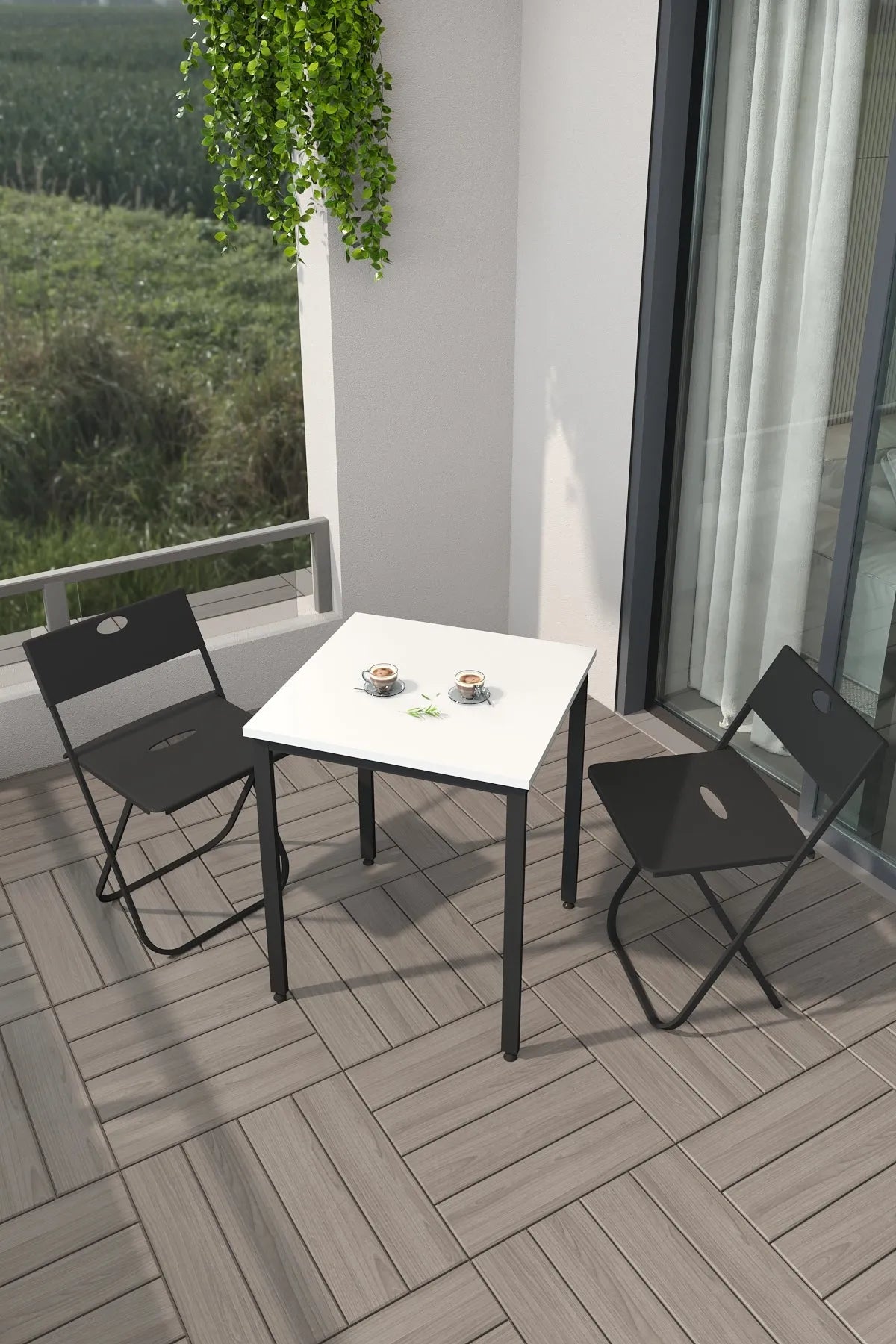 Balkon Bahçe 3'lü Bistro Seti | 1 Masa + 2 Katlanır Sandalye – Beyaz - Siyah Ayak