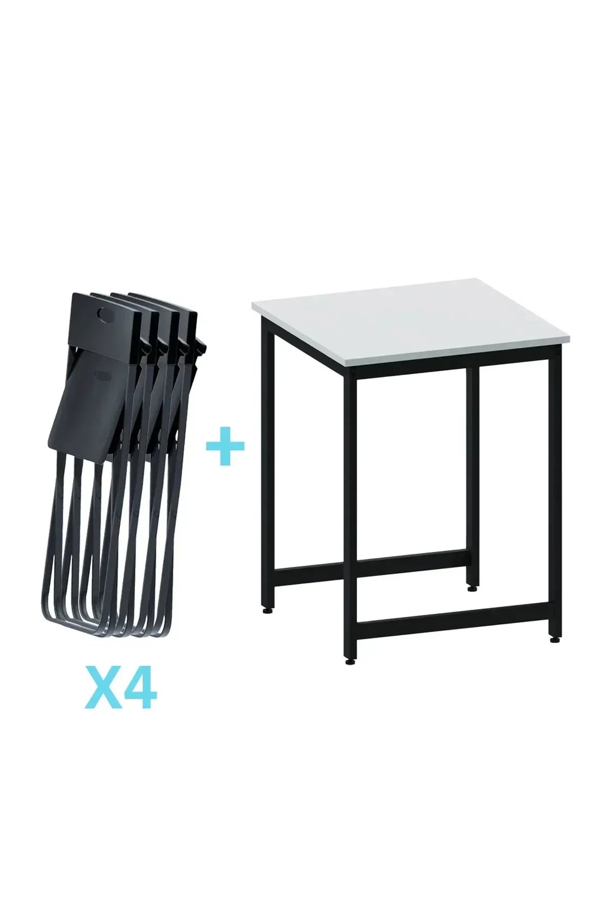 Balkon Bahçe 5’li Bistro Set | 1 Masa + 4 Katlanır Sandalye – Beyaz - Siyah