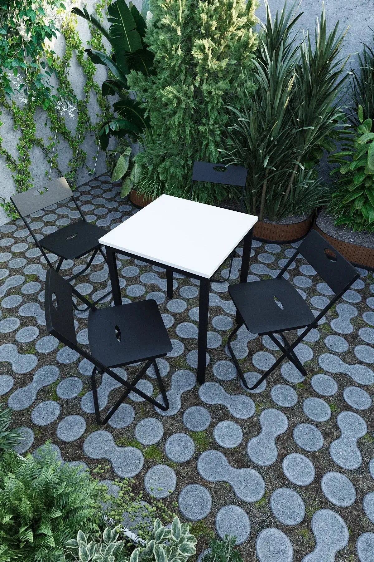 Balkon Bahçe 5’li Bistro Set | 1 Masa + 4 Katlanır Sandalye – Beyaz - Siyah