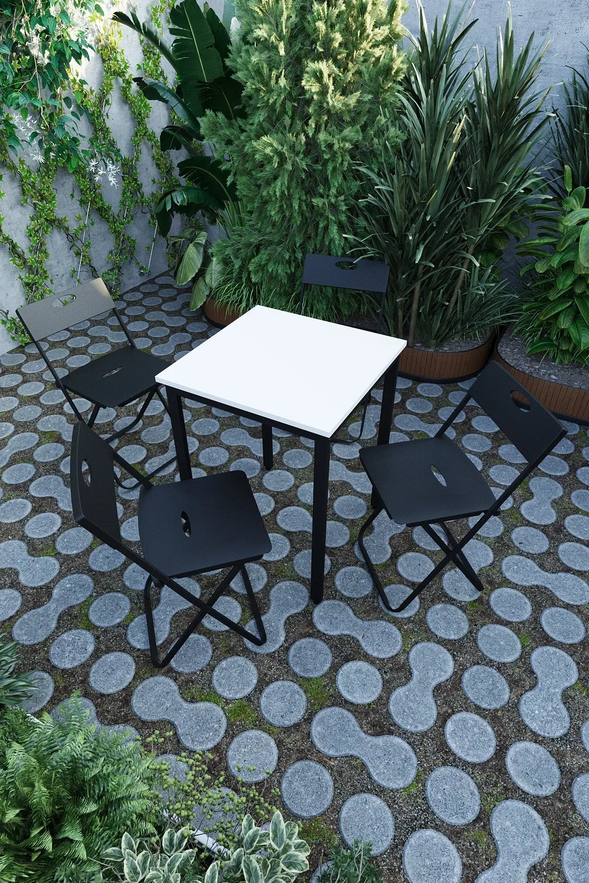 Flinder Balkon Bahçe 5’li Bistro Set | 1 Masa + 4 Katlanır Sandalye – Beyaz - Siyah