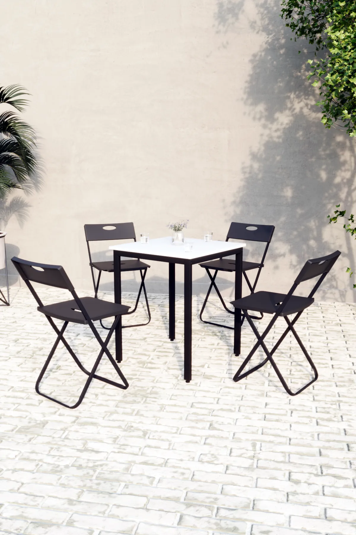 Balkon Bahçe 5’li Bistro Set | 1 Masa + 4 Katlanır Sandalye – Beyaz - Siyah