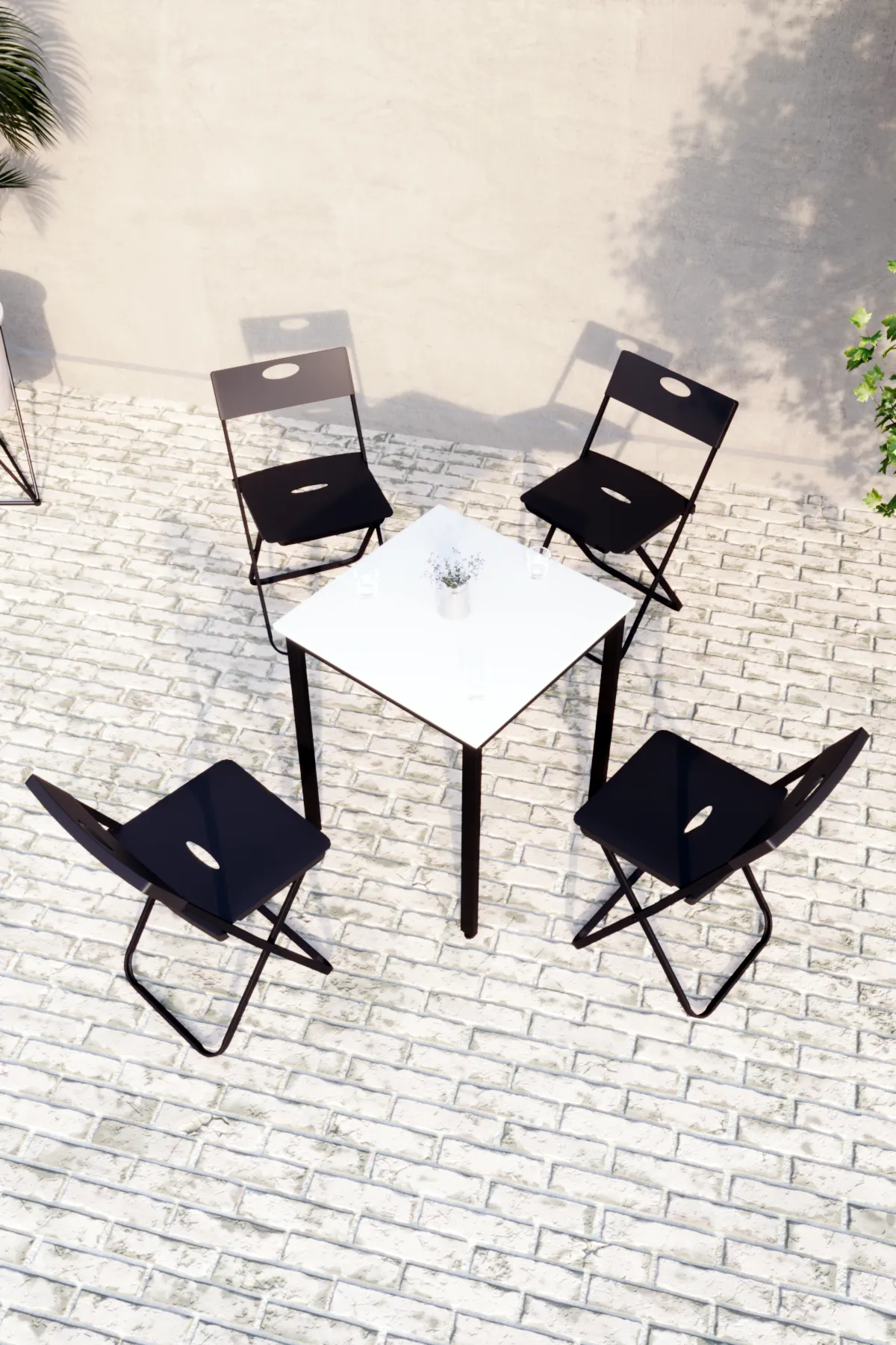 Balkon Bahçe 5’li Bistro Set | 1 Masa + 4 Katlanır Sandalye – Beyaz - Siyah
