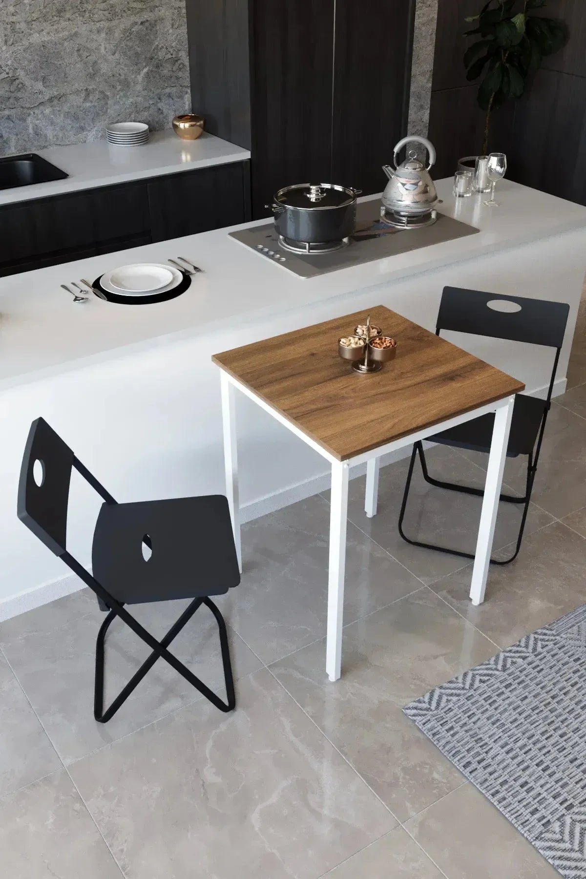 Balkon Bahçe 3’lü Bistro Set | 1 Masa + 2 Katlanır Sandalye – Atlantik Çam - Beyaz Ayak