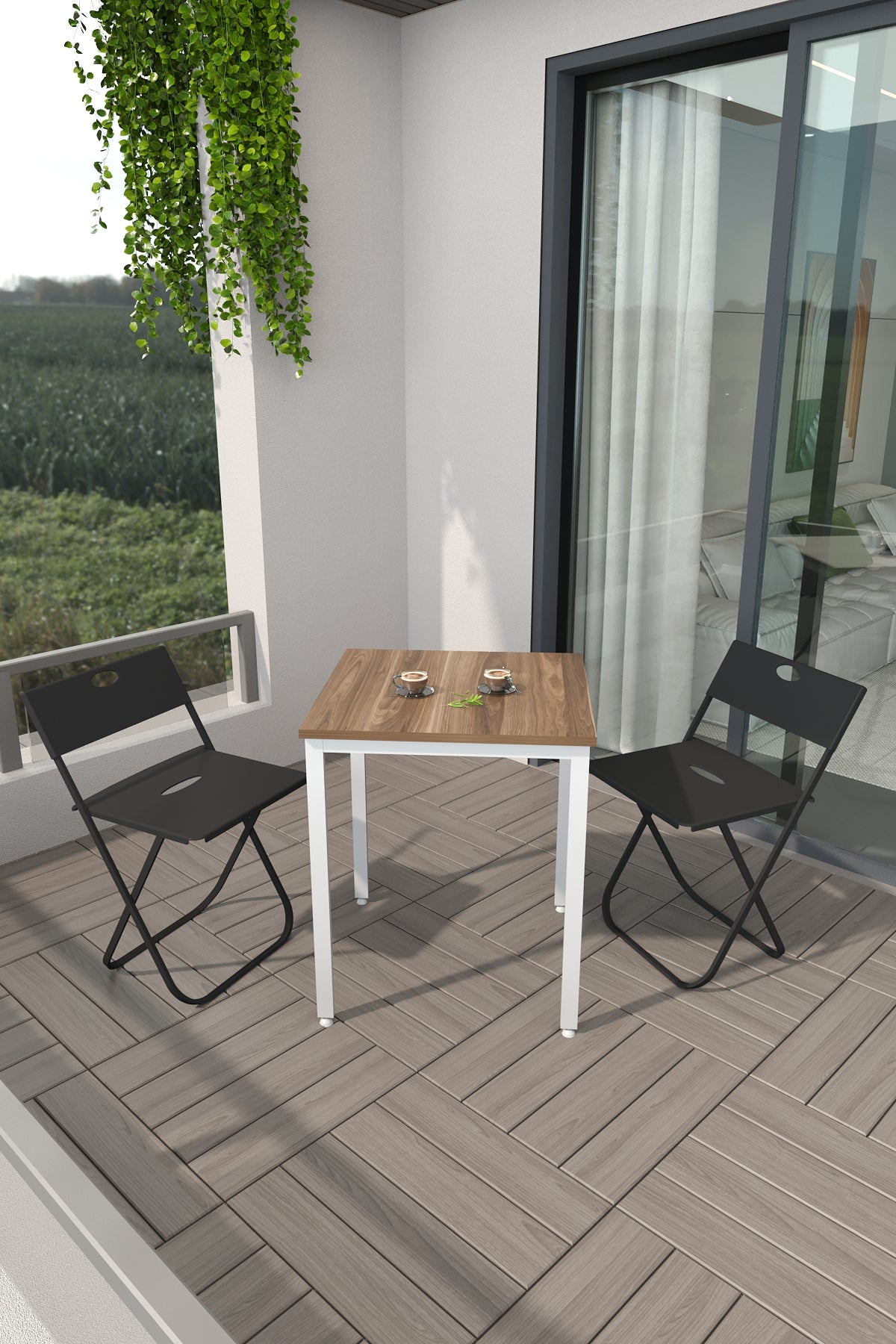 Flinder Balkon Bahçe 3’lü Bistro Set | 1 Masa + 2 Katlanır Sandalye – Atlantik Çam - Beyaz Ayak