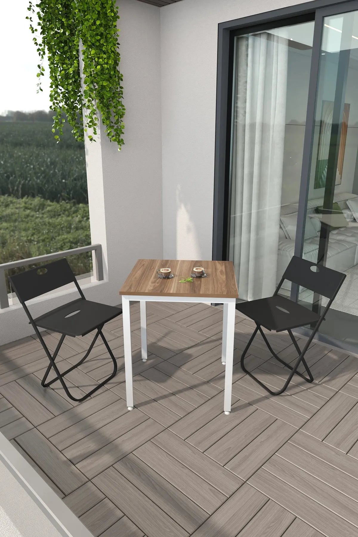 Balkon Bahçe 3'lü Bistro Seti | 1 Masa + 2 Katlanır Sandalye – Atlantik Çam - Beyaz Ayak