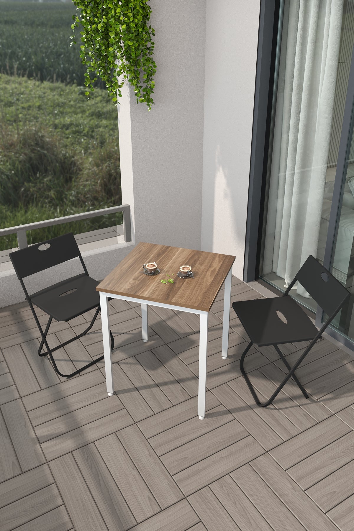 Flinder Balkon Bahçe 3’lü Bistro Set | 1 Masa + 2 Katlanır Sandalye – Atlantik Çam - Beyaz Ayak