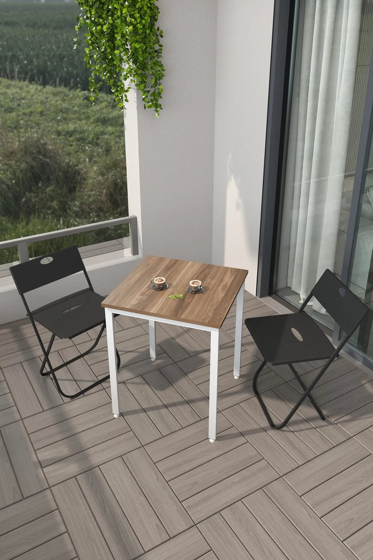 Balkon Bahçe 3'lü Bistro Seti | 1 Masa + 2 Katlanır Sandalye – Atlantik Çam - Beyaz Ayak