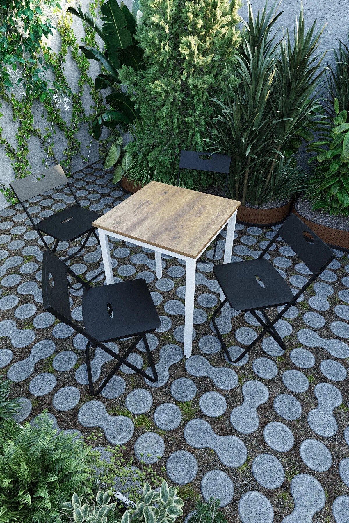 Flinder Balkon Bahçe 5’li Bistro Set | 1 Masa + 4 Katlanır Sandalye – Atlantik Çam - Beyaz