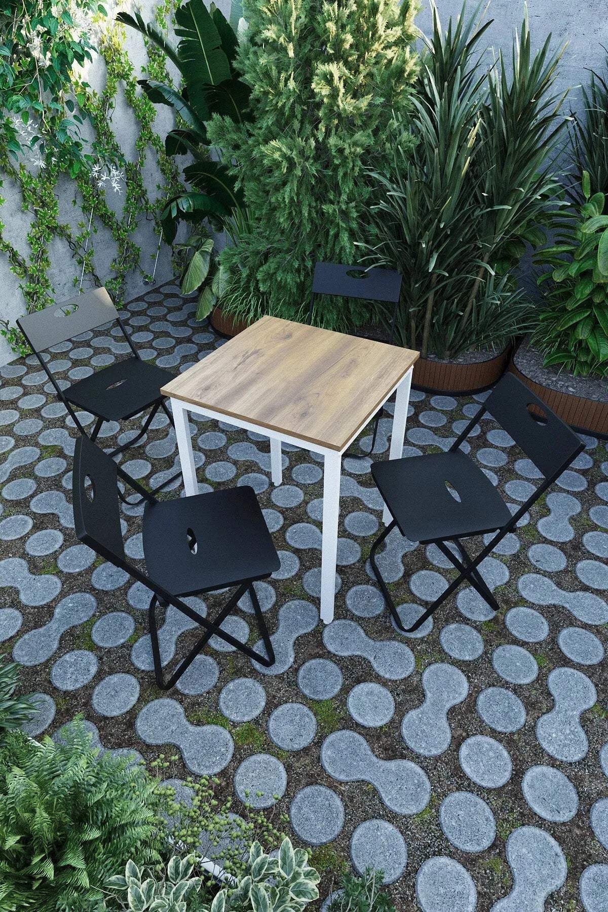 Balkon Bahçe 5'li Bistro Seti | 1 Masa + 4 Katlanır Sandalye – Atlantik Çam - Beyaz