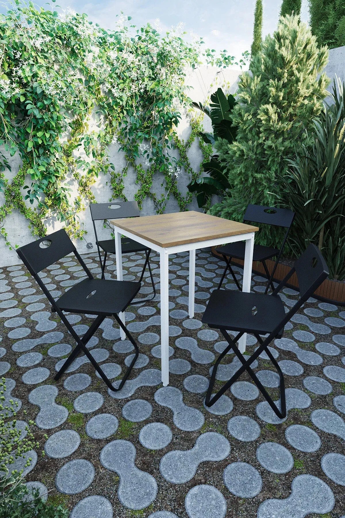 Balkon Bahçe 5'li Bistro Seti | 1 Masa + 4 Katlanır Sandalye – Atlantik Çam - Beyaz