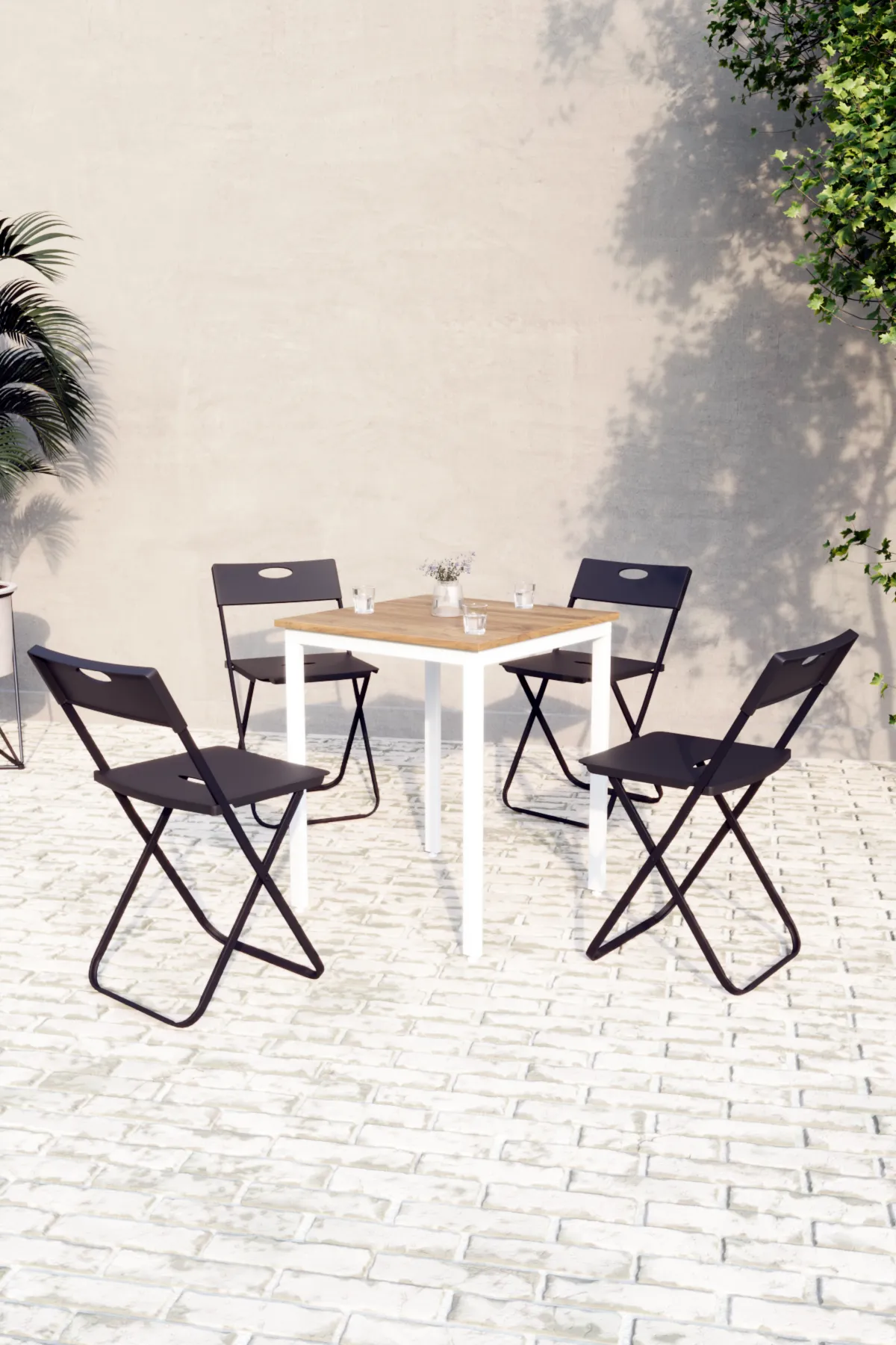 Balkon Bahçe 5’li Bistro Set | 1 Masa + 4 Katlanır Sandalye – Atlantik Çam - Beyaz