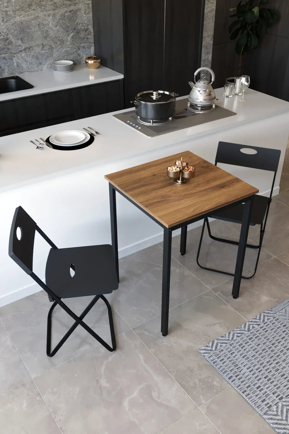 Flinder Balkon Bahçe 3’lü Bistro Set | 1 Masa + 2 Katlanır Sandalye – Atlantik Çam - Siyah Ayak