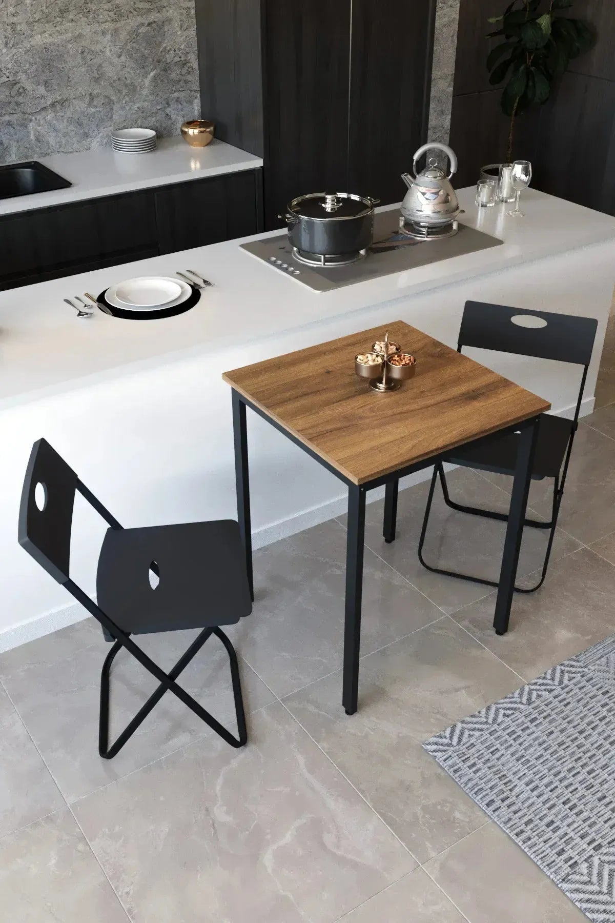 Balkon Bahçe 3’lü Bistro Set | 1 Masa + 2 Katlanır Sandalye – Atlantik Çam - Siyah Ayak