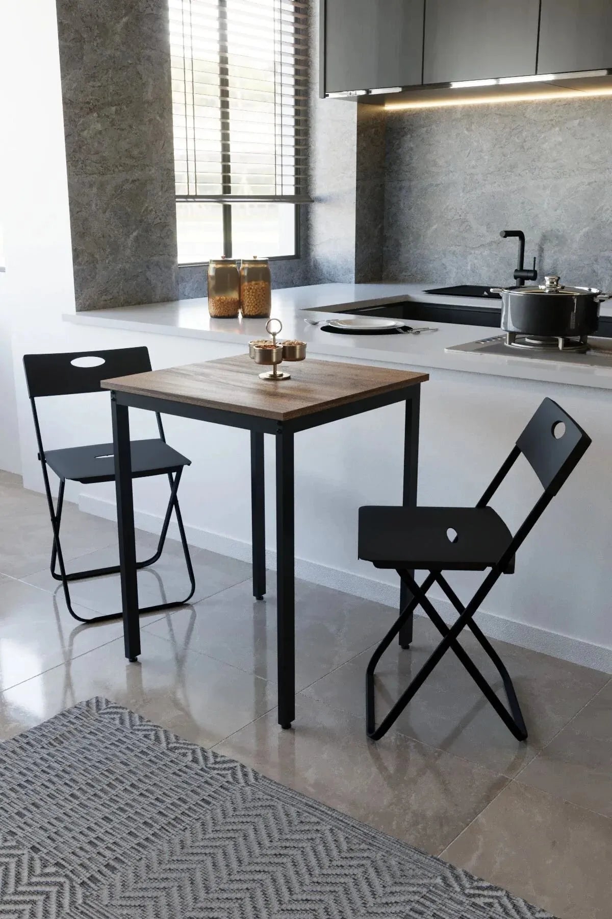 Balkon Bahçe 3’lü Bistro Set | 1 Masa + 2 Katlanır Sandalye – Atlantik Çam - Siyah Ayak