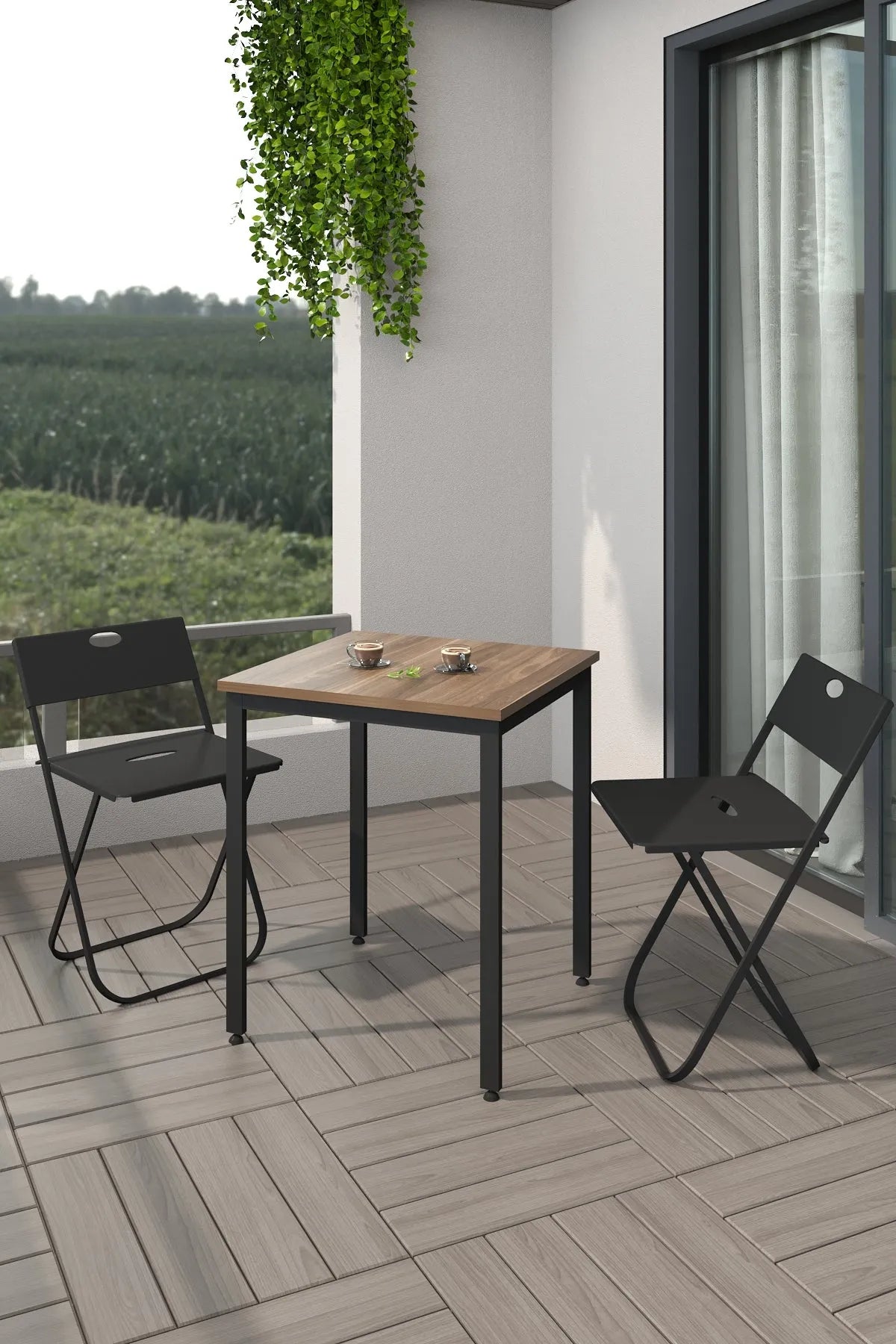 Balkon Bahçe 3'lü Bistro Seti | 1 Masa + 2 Katlanır Sandalye – Atlantik Çam - Siyah Ayak