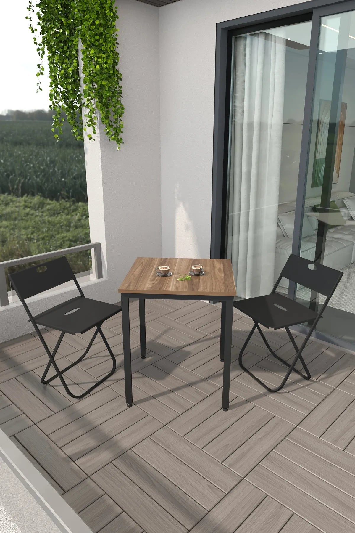 Balkon Bahçe 3'lü Bistro Seti | 1 Masa + 2 Katlanır Sandalye – Atlantik Çam - Siyah Ayak