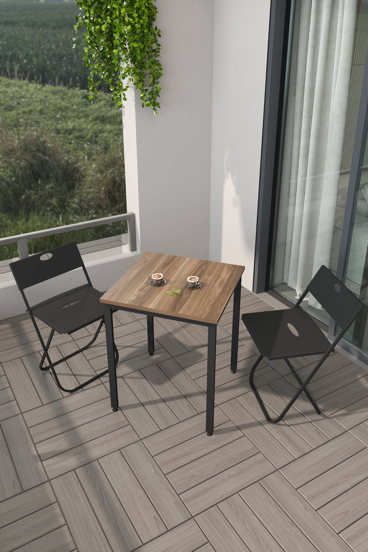 Flinder Balkon Bahçe 3’lü Bistro Set | 1 Masa + 2 Katlanır Sandalye – Atlantik Çam - Siyah Ayak