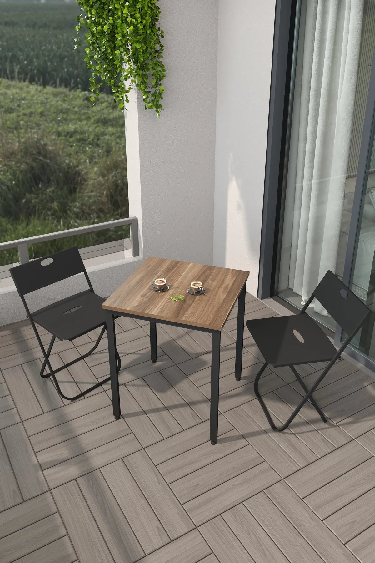Balkon Bahçe 3'lü Bistro Seti | 1 Masa + 2 Katlanır Sandalye – Atlantik Çam - Siyah Ayak