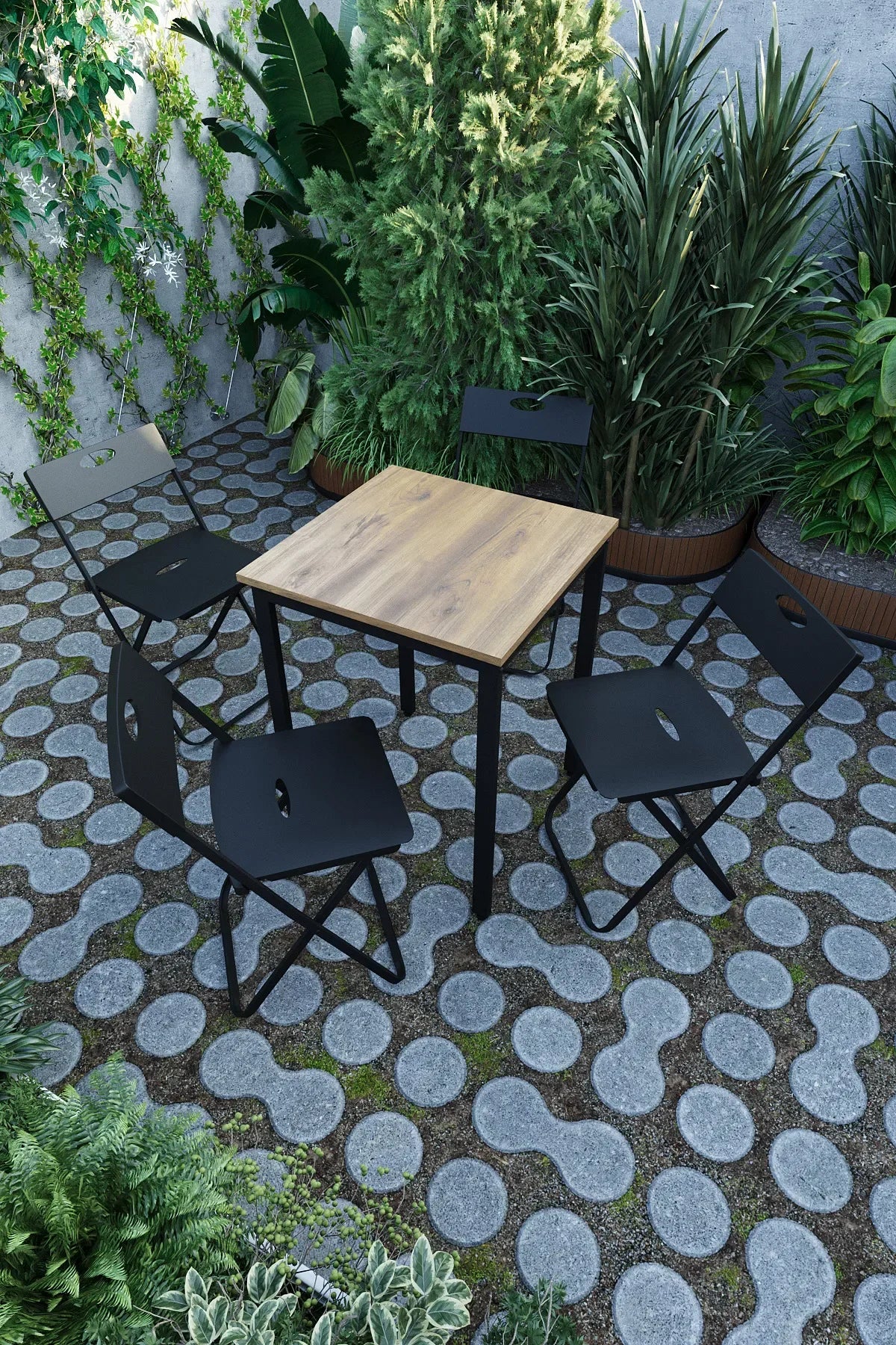 Flinder Balkon Bahçe 5’li Bistro Set | 1 Masa + 4 Katlanır Sandalye – Atlantik Çam - Siyah