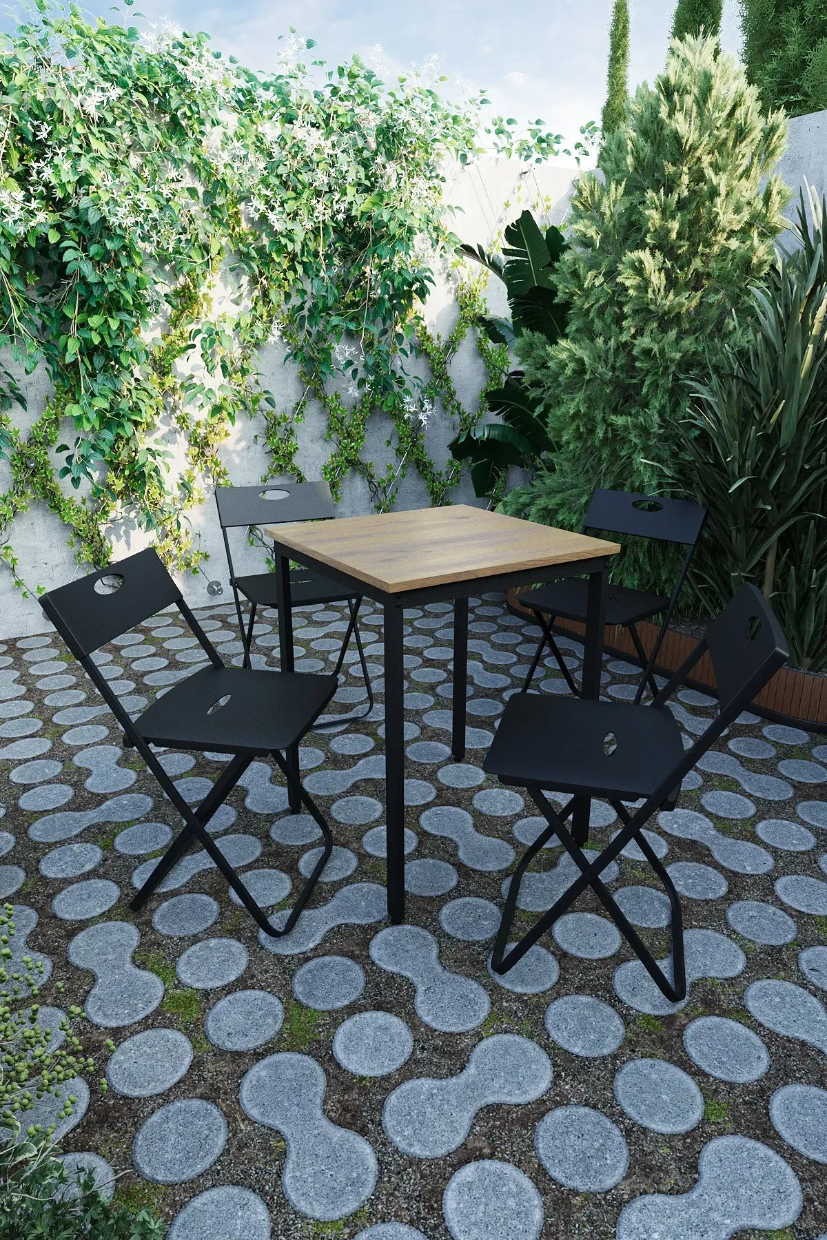 Flinder Balkon Bahçe 5’li Bistro Set | 1 Masa + 4 Katlanır Sandalye – Atlantik Çam - Siyah