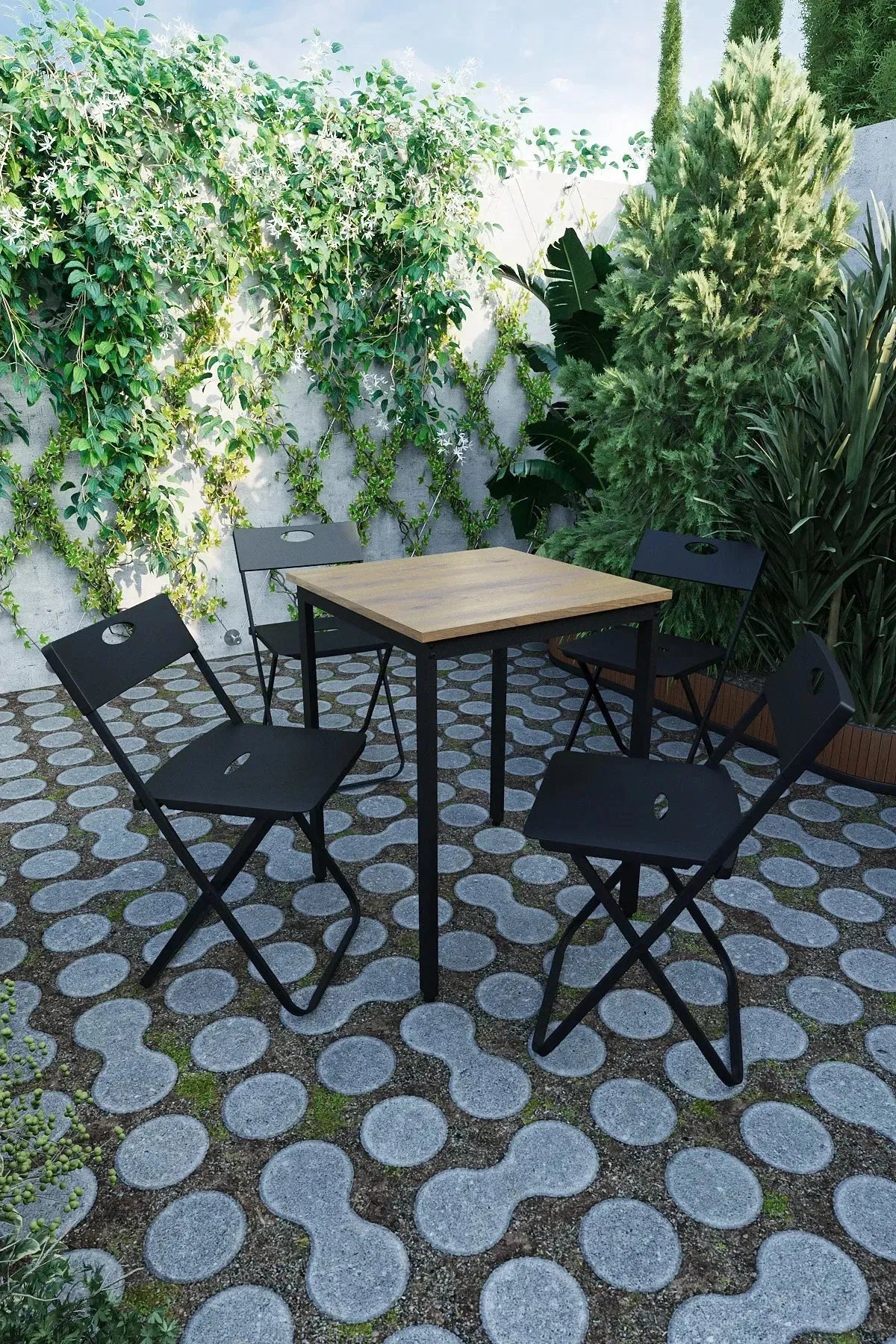 Balkon Bahçe 5'li Bistro Seti | 1 Masa + 4 Katlanır Sandalye – Atlantik Çam - Siyah