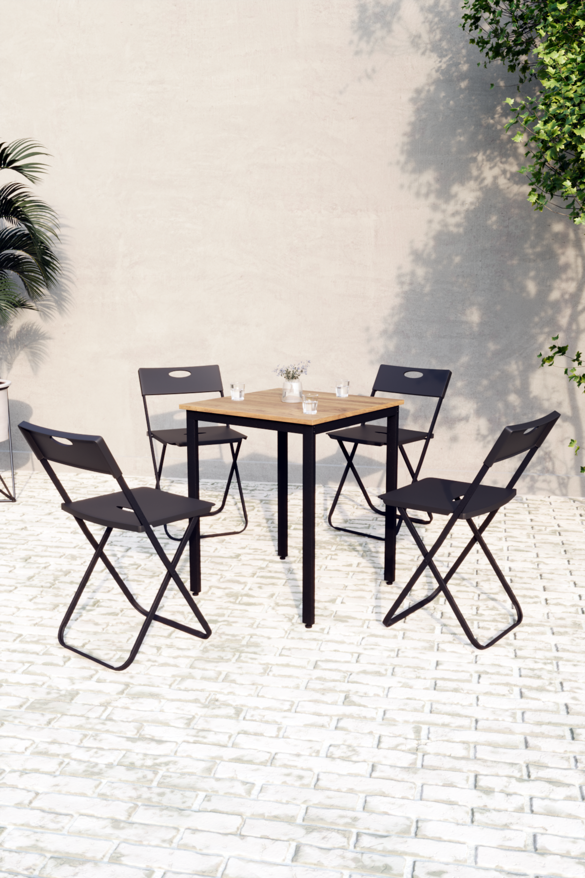 Flinder Balkon Bahçe 5’li Bistro Set | 1 Masa + 4 Katlanır Sandalye – Atlantik Çam - Siyah