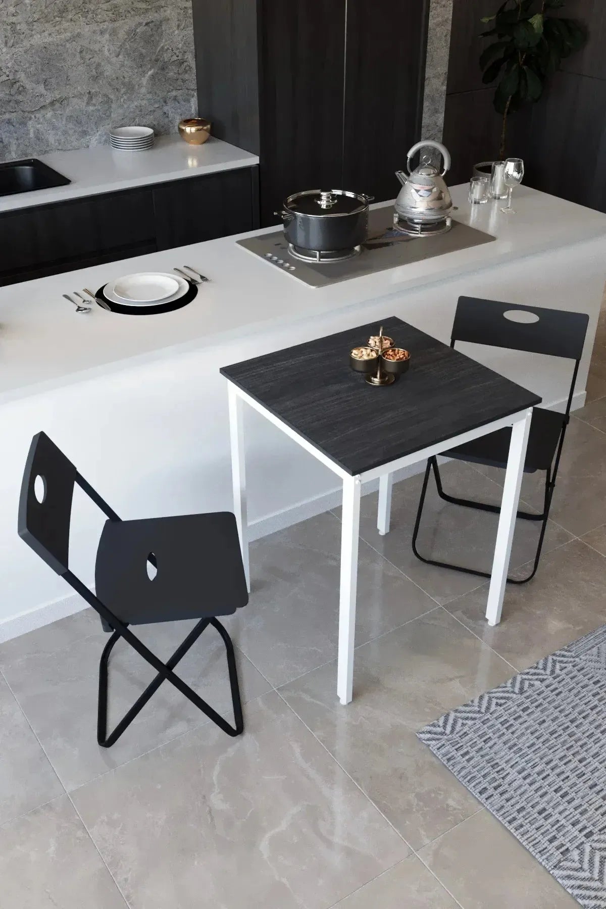 Balkon Bahçe 3’lü Bistro Set | 1 Masa + 2 Katlanır Sandalye – Siyah Çam - Beyaz Ayak