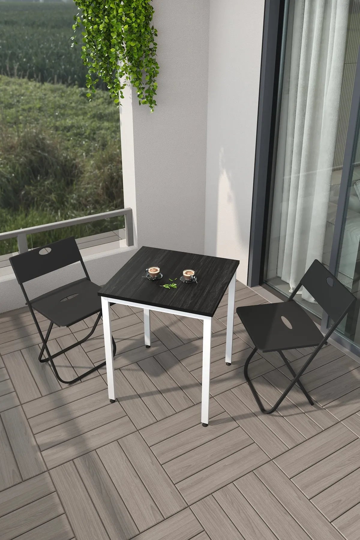 Balkon Bahçe 3'lü Bistro Seti | 1 Masa + 2 Katlanır Sandalye – Siyah Çam - Beyaz Ayak