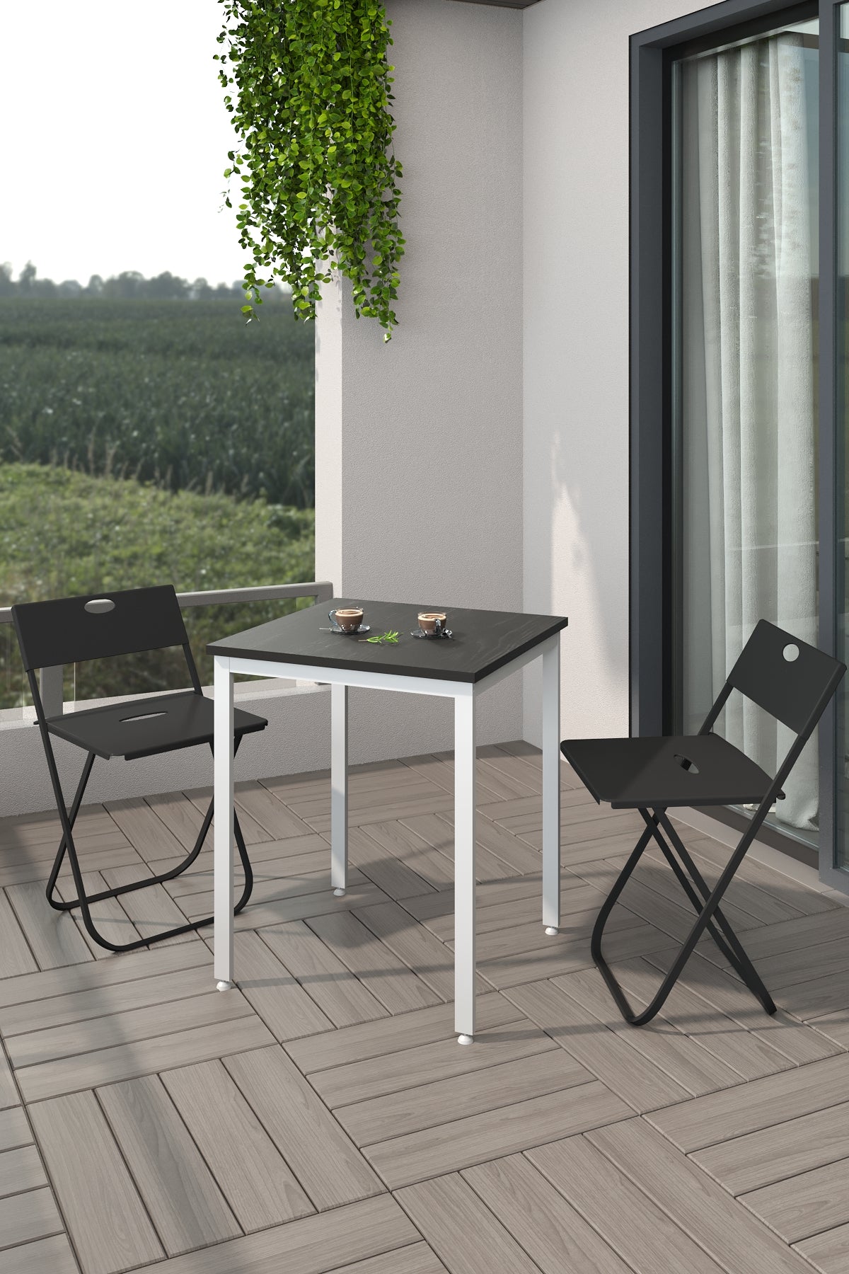 Flinder Balkon Bahçe 3’lü Bistro Set | 1 Masa + 2 Katlanır Sandalye – Siyah - Beyaz Ayak